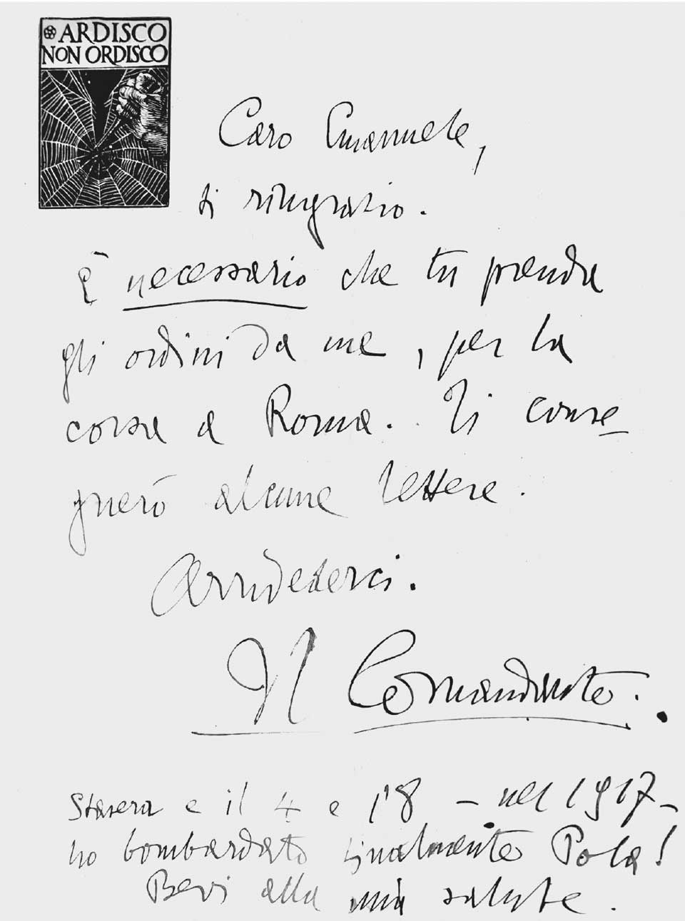 Fig. 1. Lettera di Gabriele d’Annunzio a Emanuele Barile, maresciallo dei carabinieri in servizio presso il Vittoriale degli Italiani.