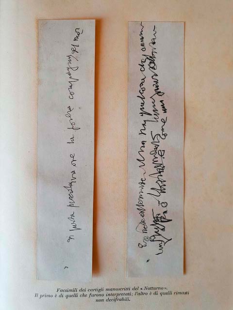 Facsimili dei cartigli manoscritti del Notturno. Il primo è di quelli che furono interpretati; l'altro è di quelli rimasti non decifrabili (Archivio Biondi).