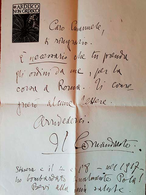 Lettera autografa di Gabriele d’Annunzio databile al periodo del Vittoriale (Collezione Biondi).